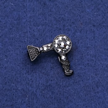 Brooch - Hairdryer with Crystals, Black Metal 25x27mm