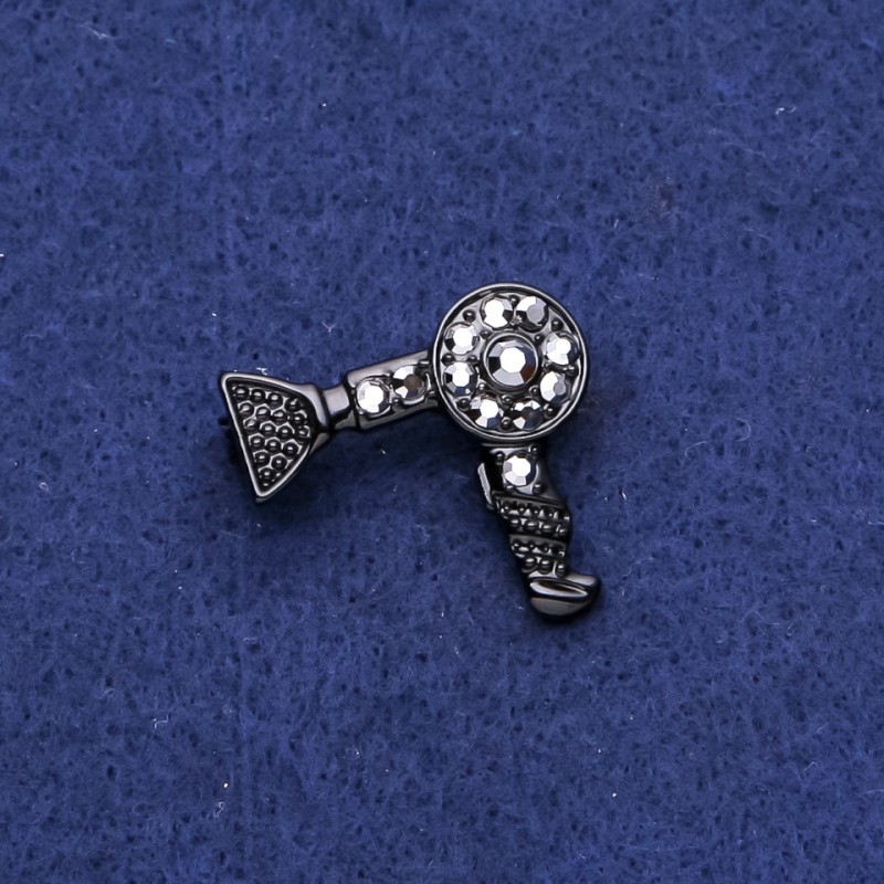 Brooch - Hairdryer with Crystals, Black Metal 25x27mm