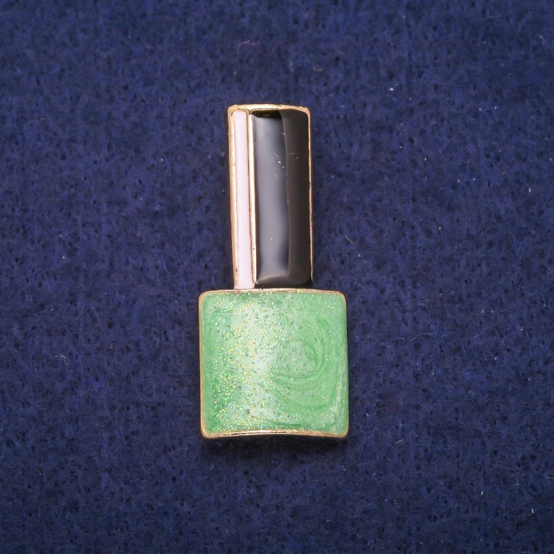 Lac Enamel Brooch in Green, Black and White with Gold-tone Metal 18x39mm