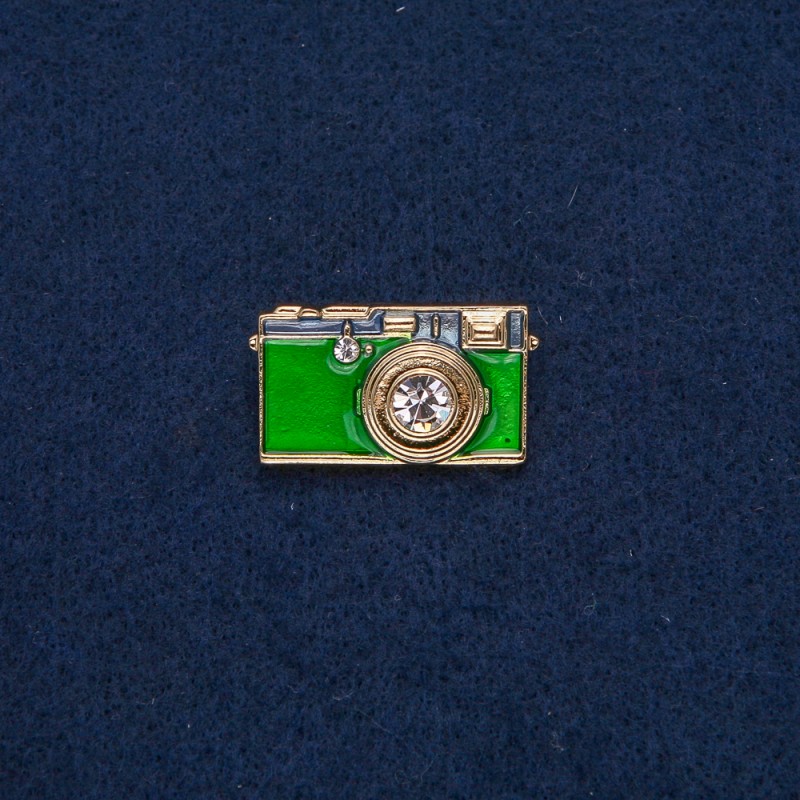Brooch Camera gold-toned metal with green enamel and white stones 30×17 mm +