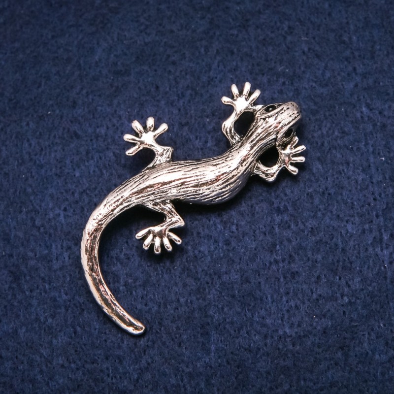 Lizard Brooch Silver-Tone Metal Black Rhinestones 38x57mm