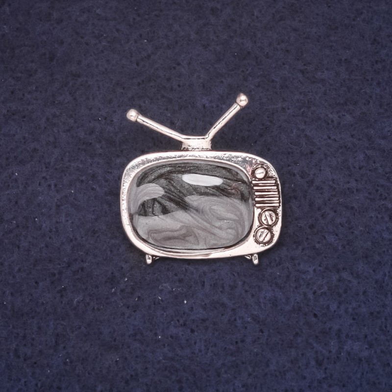 Brooch Television 25x28mm enamel black colour silvered metal