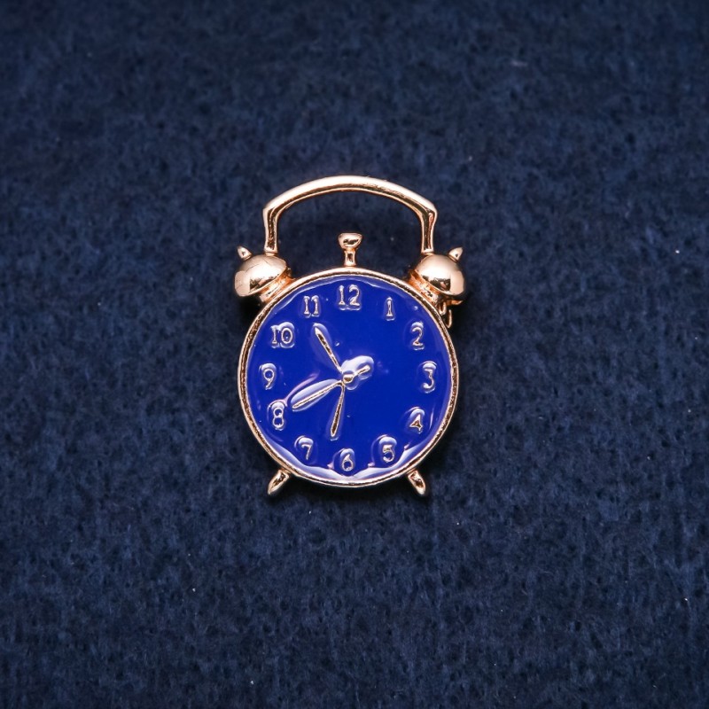 Brooch Clock Clockwork Blue enamel Yellow metal 20x27mm