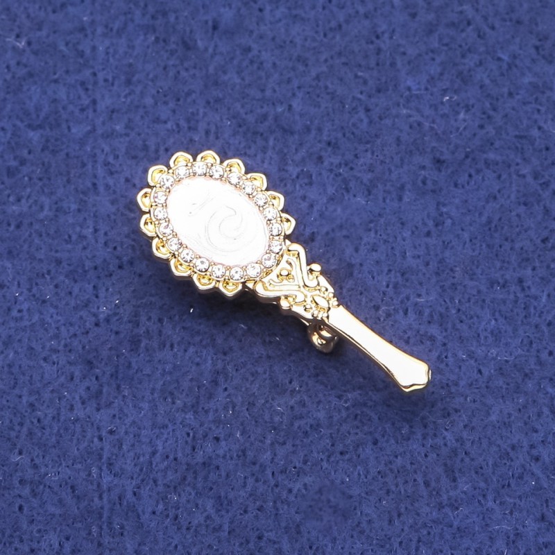 Brooch Pearl-like Mirror with Crystals in Gold-tone Metal 16x42mm