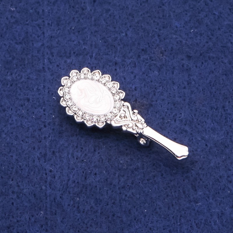 Brooch Pearl-Effect Mirror with Crystals, Silver Metal 16x42mm