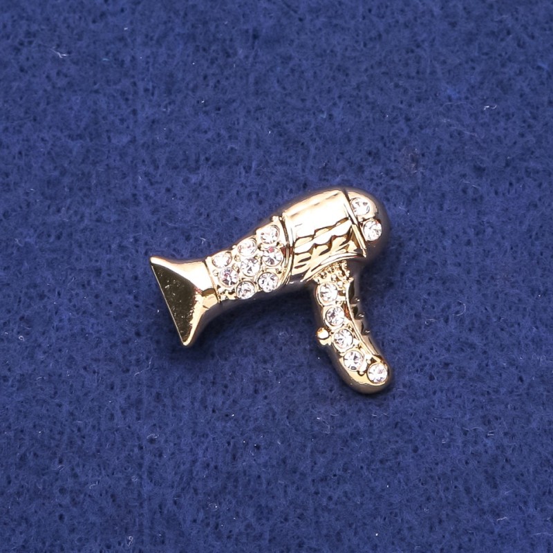 Brooch Hairdryer with rhinestones, golden metal 24×28mm