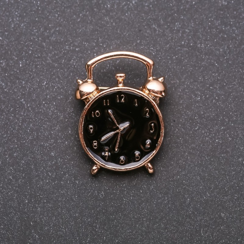 Brooch Clock Alarm Black Enamel Yellow Metal 20x27mm