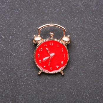 Alarm Clock Brooch, Red Enamel, Yellow Metal 20x27mm