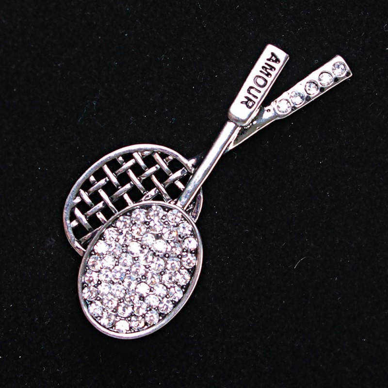 Rackets Brooch, Silver-Tone Metal with Rhinestones 55x25mm +