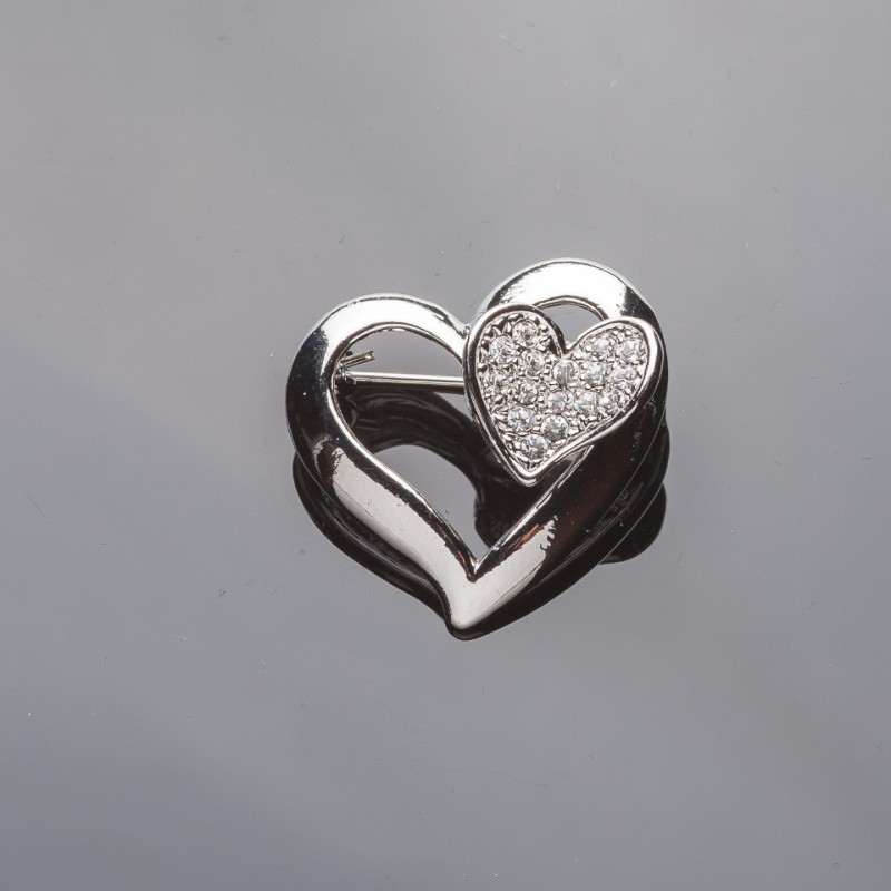 Silver-Tone "Two Hearts" Brooch with White Rhinestones 3cm