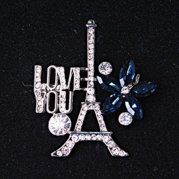 Paris Brooch, Silver-Tone Metal with Rhinestones and Blue Crystals 40x35mm +