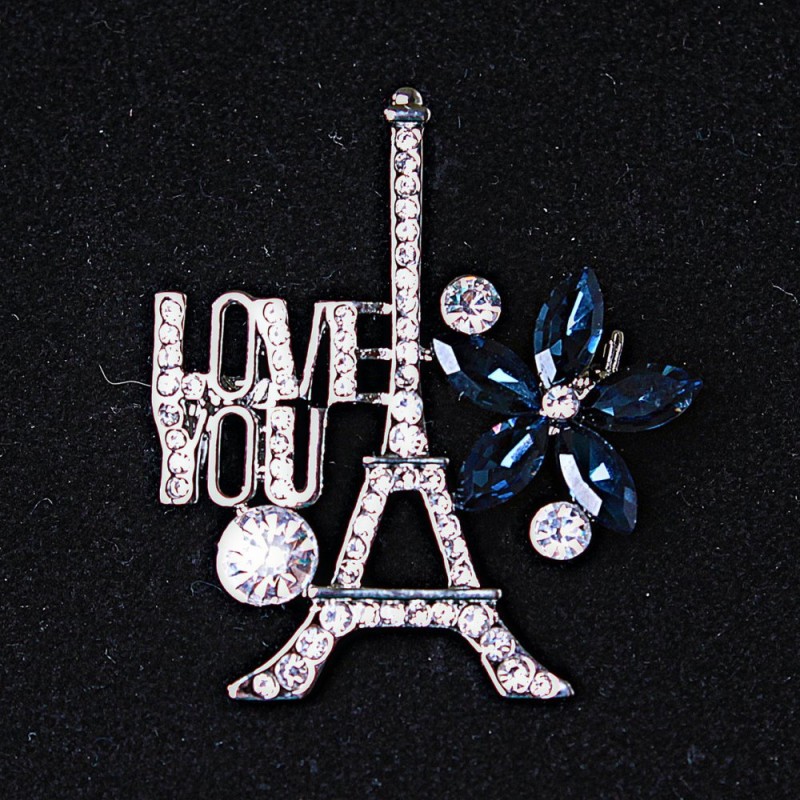 Paris Brooch, Silver-Tone Metal with Rhinestones and Blue Crystals 40x35mm +