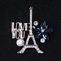 Paris Brooch, Silver-Tone Metal with Rhinestones and Blue Crystals 40x35mm +