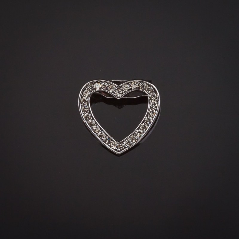 Brooch Heart Silver-Tone Metal and Rhinestones 20x18mm +