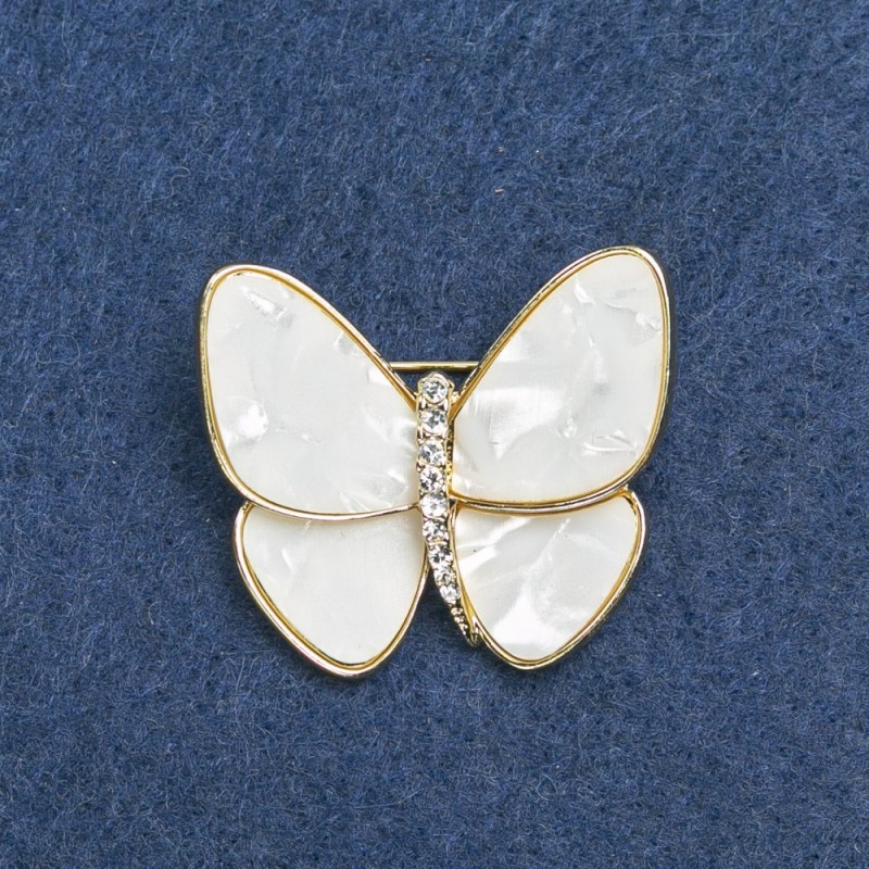 Brooch Butterfly, Gold-Tone Metal, White Mother-of-Pearl and White Rhinestones 31x40mm +