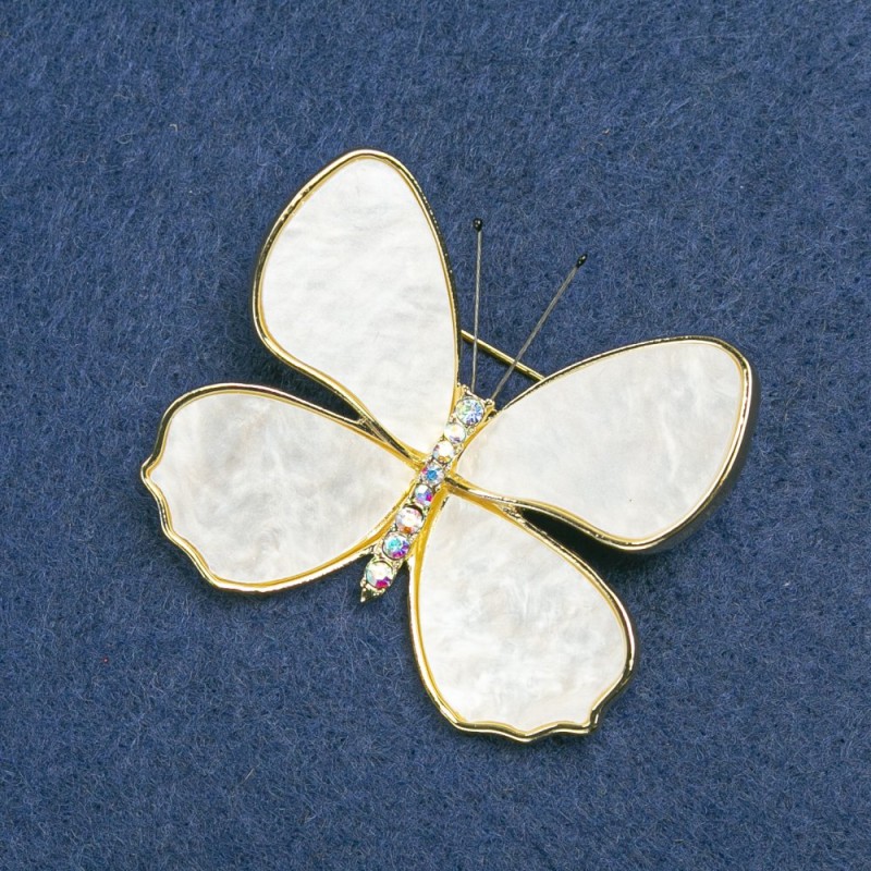 Brooch Butterfly, Gold-Tone Metal, White Mother-of-Pearl and Petrol-Tone Rhinestones 38x45mm +