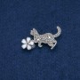 Brooch Kitten with Flower, Grey Rhinestones, White Enamel, Silver-Tone Metal 40x25mm +
