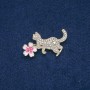 Brooch Kitten with Flower, White Rhinestones, Coloured Enamel, Gold-Tone Metal 40x25mm +