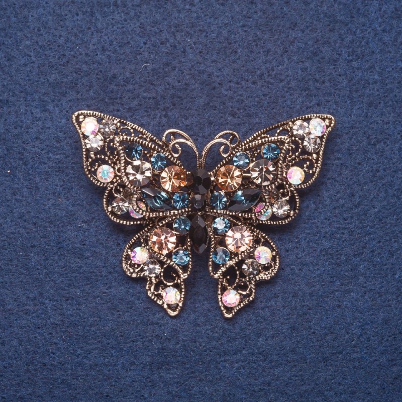 "Butterfly" Brooch with Large Multicoloured Rhinestones, Gold-Tone Metal 4x5.5cm
