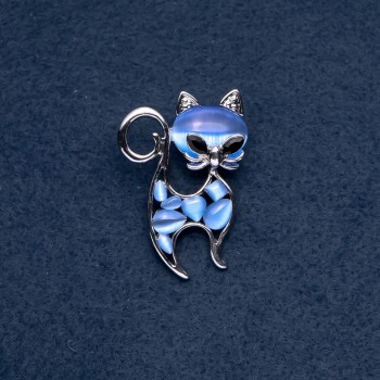 Brooch "Kitty" Blue Cat's Eye, Silver-Tone Metal, 30x45mm