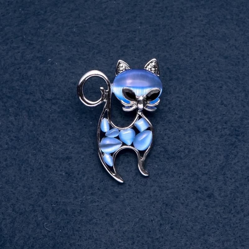 Brooch "Kitty" Blue Cat's Eye, Silver-Tone Metal, 30x45mm