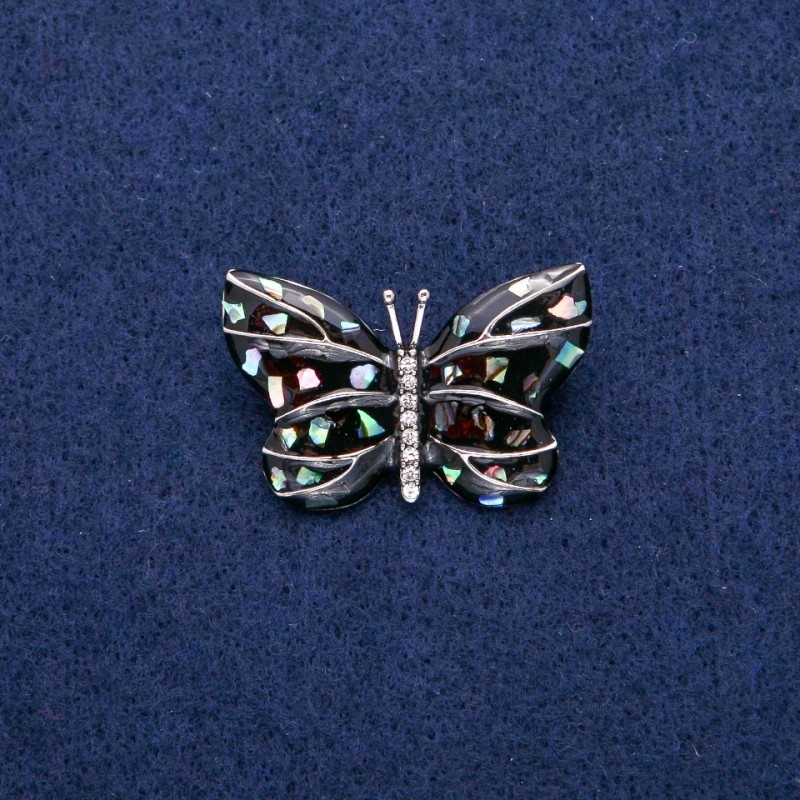Brooch Butterfly with Chalcedony, enamel and crystals 22x33mm, silvery metal