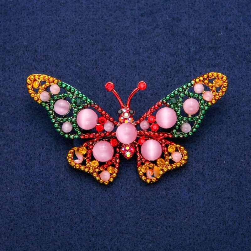 Brooch-Pendant Butterfly with Cat's Eye Beads, Enamel and Rhinestones 44x78mm, Gold-Tone Metal