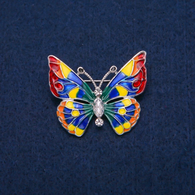 Butterfly Brooch with White Crystals and Multicoloured Enamel, Gold-Tone Metal 31x37mm