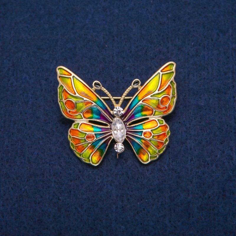 Butterfly Brooch with White Crystals and Multicoloured Enamel, Gold-Tone Metal 31x37mm