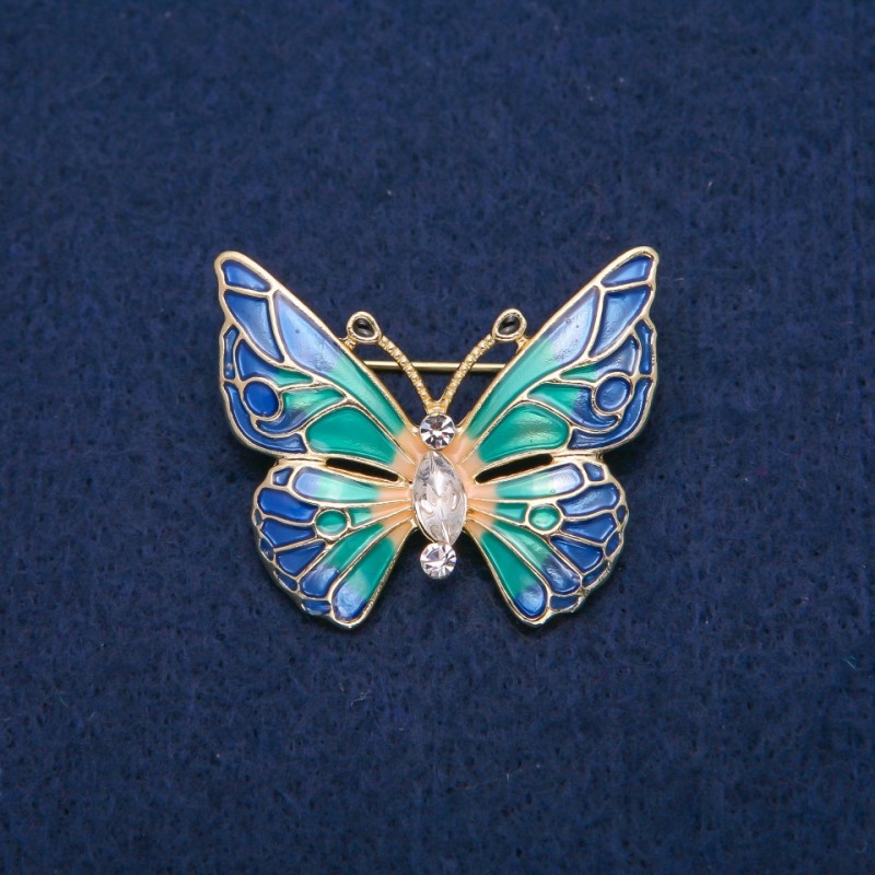 Butterfly Brooch with White Crystals and Multicolour Enamel, Gold-tone Metal 31x37mm