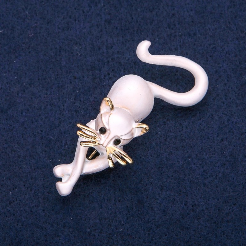 Brooch Cat Grey Enamel, Gold-tone Metal 25x55mm