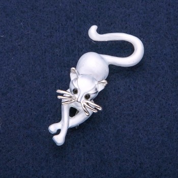 Brooch Cat Grey Enamel, Silver Metal 25x55mm