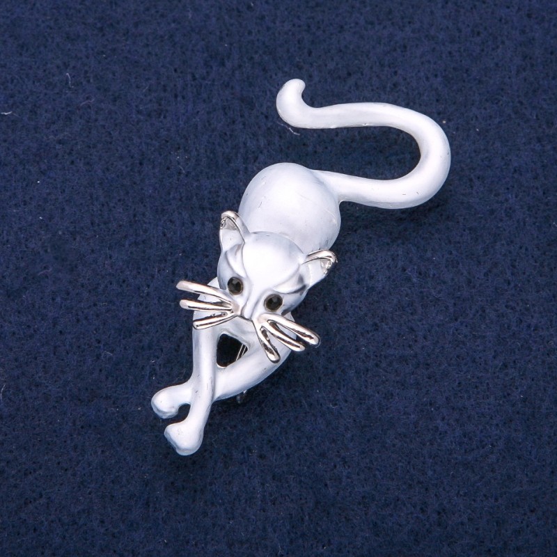 Brooch Cat Grey Enamel, Silver Metal 25x55mm