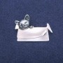 Brooch Pendant Cat in a Bag with Pearl-Effect and Grey Enamel, Silver-Coloured Metal 33×45mm