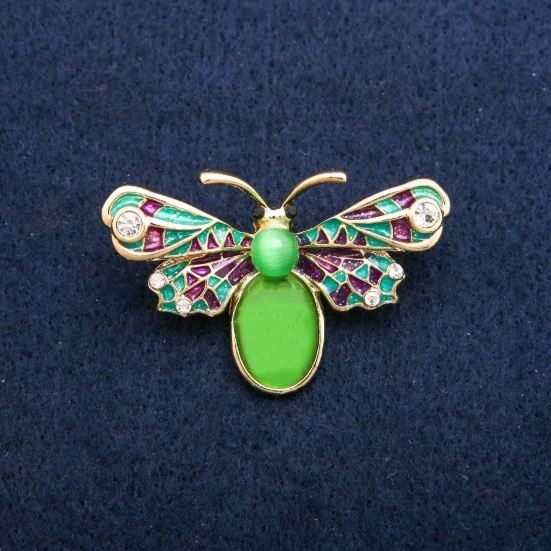 Brooch Butterfly with color enamel, white crystals and Green Cat's Eye, golden metal 27x42mm