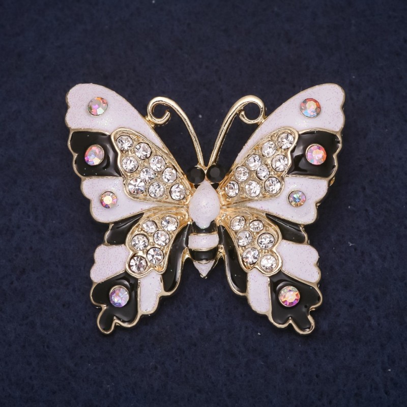 Butterfly Brooch 43x38mm, Rhinestones, Enamel, White-Black Chameleon Colour, Gold-tone Metal
