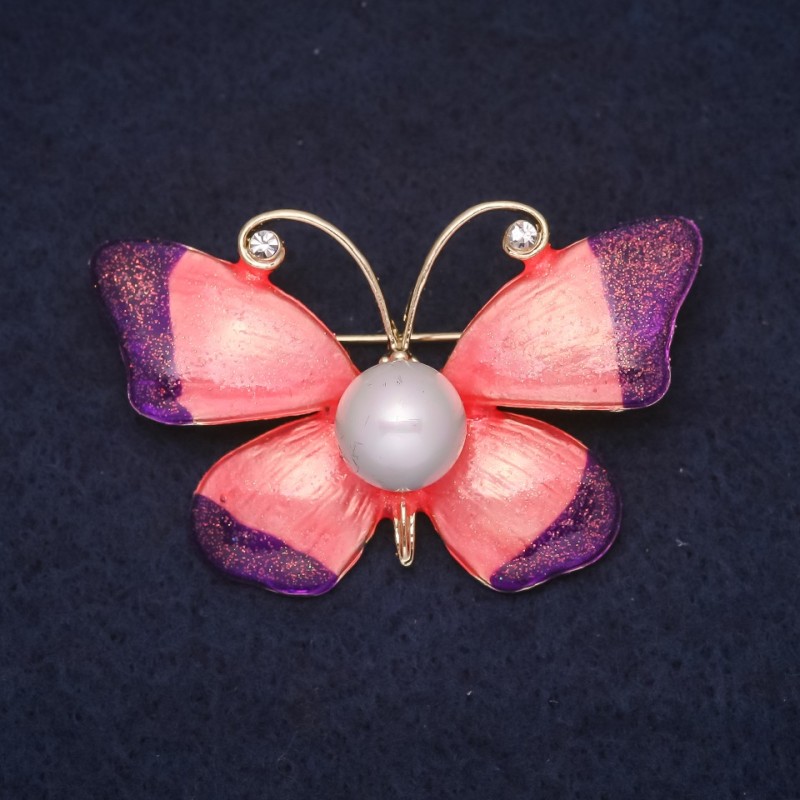 Brooch Butterfly 47x30mm, Rhinestones and Enamel in White, Purple, Pink, Gold-Tone Metal