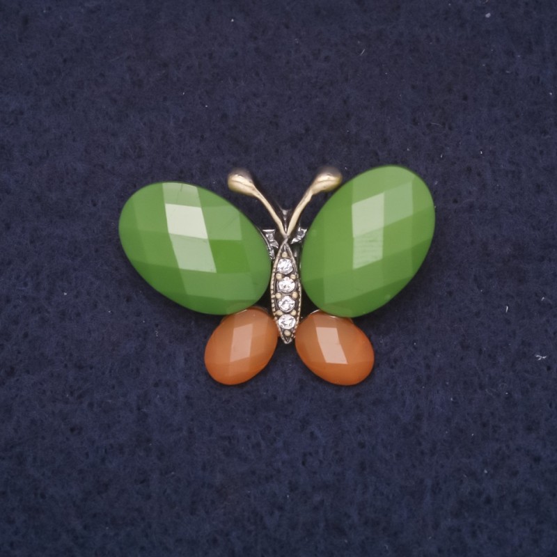 Butterfly Brooch 31x21mm Rhinestones and Stones, Green Brown Colour, Gold-Tone Metal