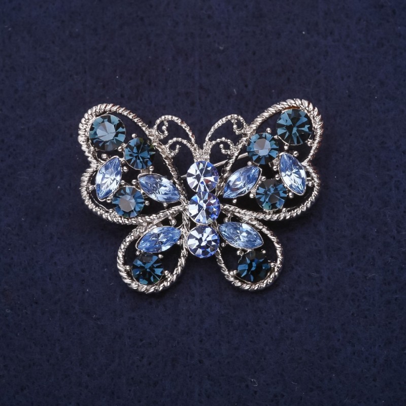 Butterfly Brooch Rhinestones Blue Light Blue Colour 42x32mm Silver-Tone Metal