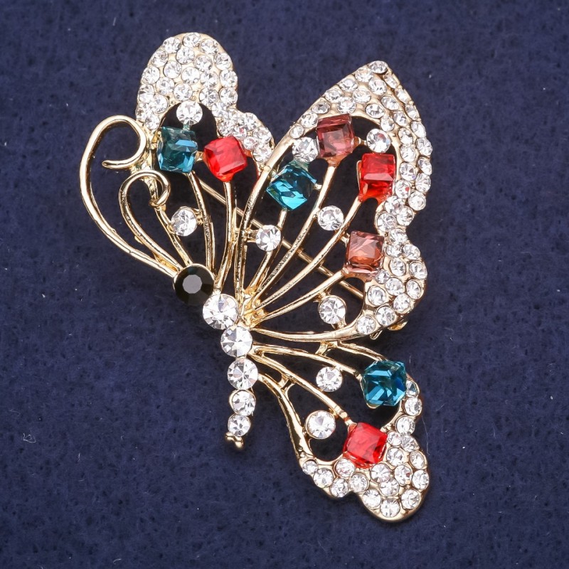 Butterfly Brooch with Red Blue Burgundy Stones 60x40mm Yellow Metal
