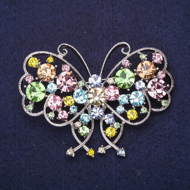 Butterfly Brooch Rhinestones Pink Light Blue Green Yellow Colour 63x47mm Silver-Tone Metal