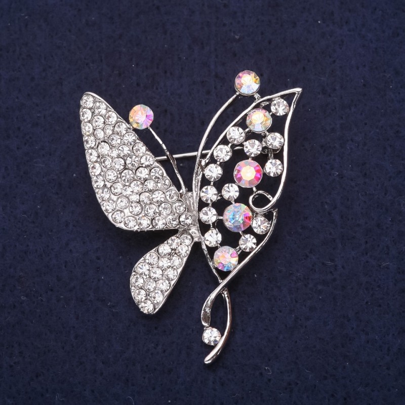 Butterfly Brooch White Chameleon Rhinestones 50x38mm Silver-Tone Metal