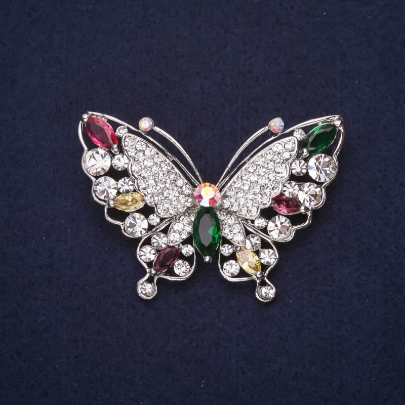 Butterfly Brooch Rhinestones Raspberry White Green Yellow Colour 40x58mm Silver-Tone Metal