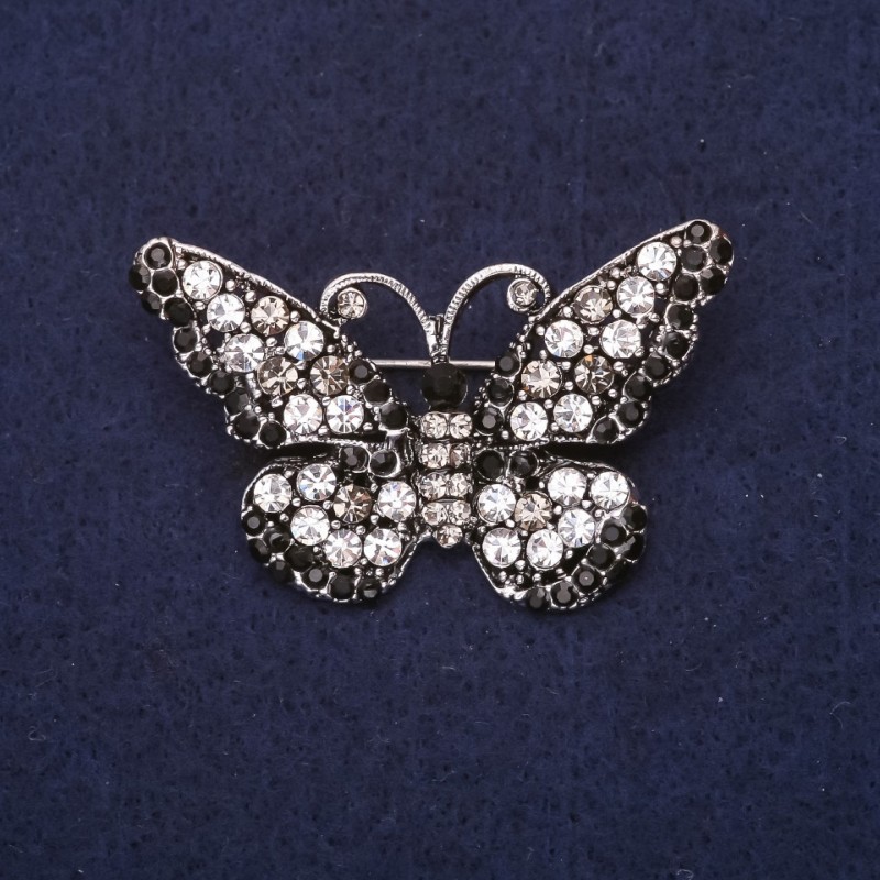 Butterfly Brooch Rhinestones White Black Grey Colour 47x29mm Silver-Tone Metal