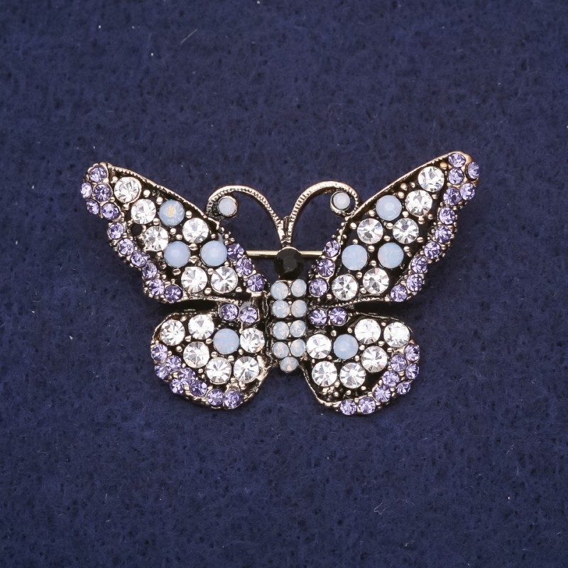 Butterfly Brooch with Light Blue and White Rhinestones 28x47mm Silver-Tone Metal