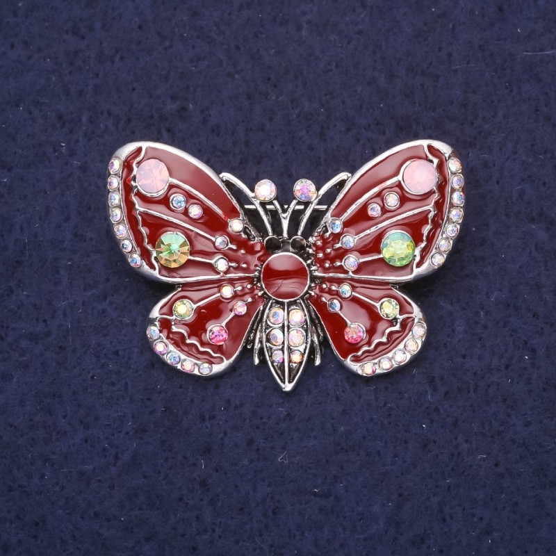Butterfly Brooch with Chameleon Rhinestones, Burgundy Enamel 38x28mm Silver-Tone Metal