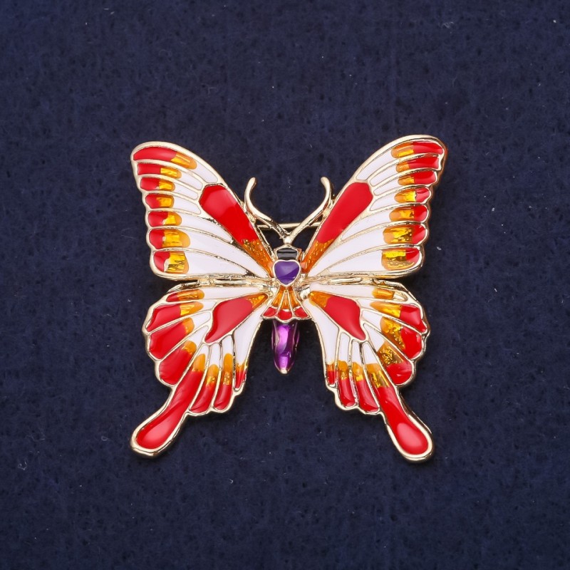 Butterfly Brooch Enamel Red White Orange Purple Colour 36x37mm Yellow Metal