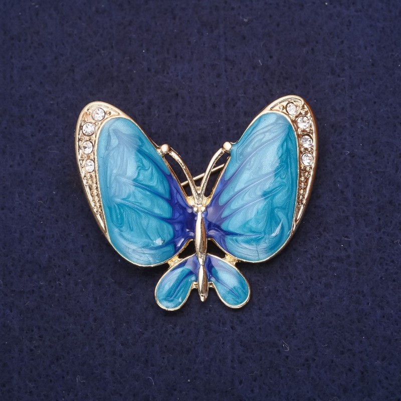Butterfly Brooch White Rhinestones Enamel Light Blue Colour 36x42mm Yellow Metal