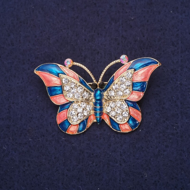 Butterfly Brooch White Rhinestones Enamel Blue Coral Colour 46x28mm Yellow Metal