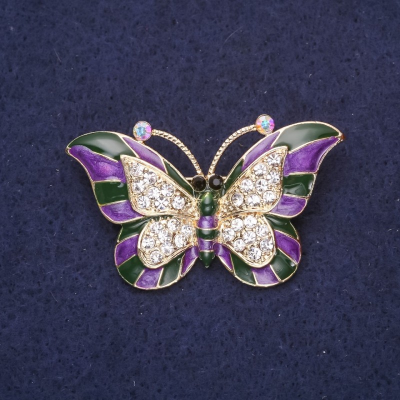 Butterfly Brooch with Purple Enamel and White Rhinestones 45x28mm Yellow Metal